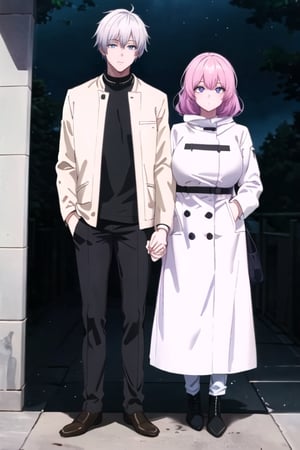 2person,full_body,masterpiece, best quality,satoru_gojo_190cm_gloomy_highres_high quality_extremely_detailed_grandblue_eyes_white_skin,grim_white_hair,white_coat_unzipped_black_pants,clothing_cutout,(holding one hands with_1girl),lucid,pink_hair,160cm,pink_eyes&huge_tits,Casual Wear
