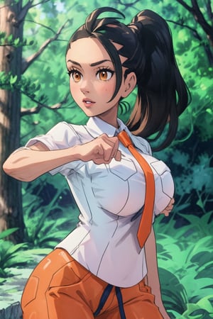 Best quality, Masterpiece, detailed background, Nemona, 1girl, solo, pony_tail, white shirt, orange tie, cowboy_shot, sexy pose, forest, huge breasts