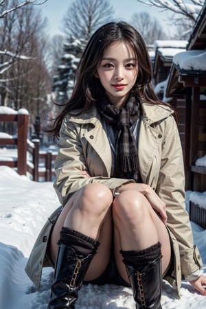 (Best quality, 8k, 32k, Masterpiece, UHD:1.2),lifelike rendering, Photo of Pretty Korean woman, 1woman, kpop idol, (shoulder-length dark brown hair), double eyelids, dark brown eyes, plump lips, lipstick, professional makeup, natural medium-large breasts, wide hips, slender legs, tall figure, soft curves, exquisitely detailed real skin texture, white coat, checkered scarf, stiletto heeled boots, sunlight, sitting on stairs on shrine, snowy shrine, heavy snow on shrine, realistic, highly details, fashion model posing, closed-to-up, sharp focus, charming face, look at camera, sexy smile, hyper-realistic photo, shoulder-length hair, beautiful long legs, detailed eyes, detailed facial features, detailed real skin texture, detailed fabric texture, detailed background and realistic snow texture, photorealism engine