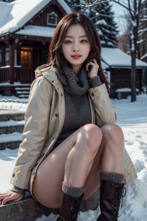 (Best quality, 8k, 32k, Masterpiece, photorealism, UHD:1.2),lifelike rendering, Photo of Pretty Korean woman, 1woman, kpop idol, (shoulder-length dark brown hair), double eyelids, dark brown eyes, plump lips, lipstick, professional makeup, natural medium-large breasts, wide hips, slender legs, tall figure, soft curves, exquisitely detailed real skin texture, white coat, knits dress, checkered scarf, stiletto heeled boots, sunlight, sitting on stairs on shrine, snowy shrine, heavy snow on shrine, realistic, highly details, fashion model posing, closed-to-up, sharp focus, charming face, look at camera, sexy smile, hyper-realistic photo, shoulder-length hair, beautiful long legs, detailed eyes, detailed facial features, detailed real skin texture, detailed fabric texture, detailed background, hyper-realistic snow rendering 