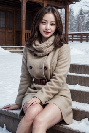 (Best quality, 8k, 32k, Masterpiece, photorealism, UHD:1.2),lifelike rendering, Photo of Pretty Korean woman, 1woman, kpop idol, (shoulder-length dark brown hair), double eyelids, dark brown eyes, plump lips, lipstick, professional makeup, natural medium-large breasts, wide hips, slender legs, tall figure, soft curves, exquisitely detailed real skin texture, white coat, knits dress, checkered scarf, stiletto heeled boots, sunlight, sitting on stairs on shrine, snowy shrine, heavy snow on shrine, realistic, highly details, fashion model posing, closed-to-up, sharp focus, charming face, look at camera, sexy smile, hyper-realistic photo, shoulder-length hair, beautiful long legs, detailed eyes, detailed facial features, detailed real skin texture, detailed fabric texture, detailed background and realistic snow texture, reflection, 