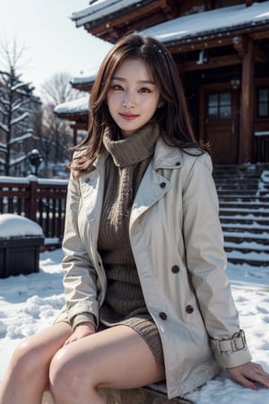 (Best quality, 8k, 32k, Masterpiece, photorealism, UHD:1.2),lifelike rendering, Photo of Pretty Korean woman, 1woman, kpop idol, (shoulder-length dark brown hair), double eyelids, dark brown eyes, plump lips, lipstick, professional makeup, natural medium-large breasts, wide hips, slender legs, tall figure, soft curves, exquisitely detailed real skin texture, white coat, knits dress, checkered scarf, stiletto heeled boots, sunlight, sitting on stairs on shrine, snowy shrine, heavy snow on shrine, realistic, highly details, fashion model posing, closed-to-up, sharp focus, charming face, look at camera, sexy smile, hyper-realistic photo, shoulder-length hair, beautiful long legs, detailed eyes, detailed facial features, detailed real skin texture, detailed fabric texture, detailed background, hyper-realistic snow rendering 