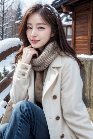 (Best quality, 8k, 32k, Masterpiece, UHD:1.2),lifelike rendering, Photo of Pretty Korean woman, 1woman, kpop idol, (shoulder-length dark brown hair), double eyelids, dark brown eyes, plump lips, lipstick, professional makeup, natural medium-large breasts, wide hips, slender legs, tall figure, soft curves, exquisitely detailed real skin texture, white coat, checkered scarf, stiletto heeled boots, sunlight, sitting on stairs on shrine, snowy shrine, heavy snow on shrine, realistic, highly details, fashion model posing, closed-to-up, sharp focus, charming face, look at camera, sexy smile, hyper-realistic photo, shoulder-length hair, beautiful long legs, detailed eyes, detailed facial features, detailed real skin texture, detailed fabric texture, detailed background and realistic snow texture, 