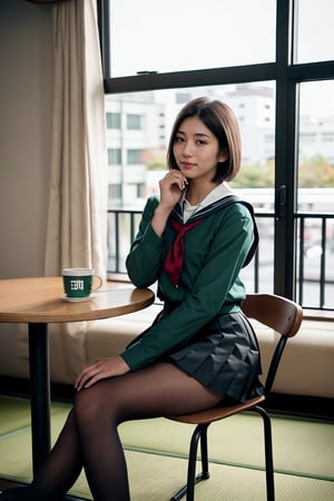 1 girl , taiwanese,  25_years old ,Asia, senior hight school, D cup, {{short_hair the ends are cut around chin length}}, Sailor suit uniform, skirt, {{4K_quality}}, ((japanese_JK_uniform)), Extremely Realistic, smaller head,studentofMisery, Fujifilm_camera , Aperture _F1.4, XF56mmF1.4 ,full-body shot, Bokeh, IG: iwakura shiori, stockings,canvas shoes, seat on the chair, {{window next to starbucks}}, Backlight, sideways ,{{ silhouette}}, indoor only sun light,time is 3P.M.,  turning head to look like a camera, No light indoors, light only form windows,Hands on the table, one hand resting on the chin, coffee cup on the table, film_style, cross her legs, Zettai Ryōiki