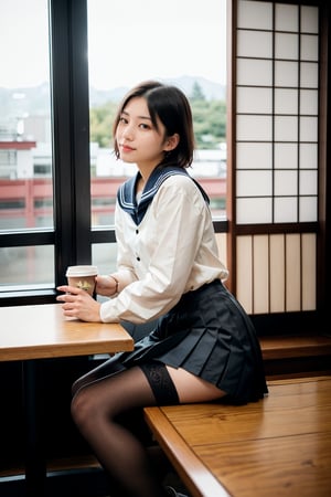 1 girl , taiwanese,  25_years old ,Asia, senior hight school, D cup, {{short_hair the ends are cut around chin length}}, Sailor suit uniform, skirt, {{4K_quality}}, ((japanese_JK_uniform)), Extremely Realistic, smaller head,studentofMisery, Fujifilm_camera , Aperture _F1.4, XF56mmF1.4 ,full-body shot, Bokeh, IG: iwakura shiori, stockings,canvas shoes, seat on the chair, {{window next to starbucks}}, Backlight, sideways ,{{ silhouette}}, indoor only sun light,time is 3P.M.,  turning head to look like a camera, No light indoors, light only form windows,Hands on the table, one hand resting on the chin, coffee cup on the table, film_style, cross her legs, Zettai Ryōiki