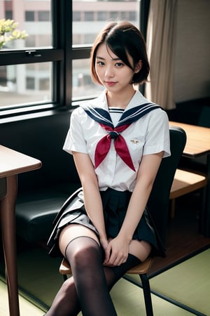 1 girl , taiwanese,  25_years old ,Asia, senior hight school, D cup, {{short_hair the ends are cut around chin length}}, Sailor suit uniform, skirt, {{4K_quality}}, ((japanese_JK_uniform)), Extremely Realistic, smaller head,studentofMisery, Fujifilm_camera , Aperture _F1.4, XF56mmF1.4 ,full-body shot, Bokeh, IG: iwakura shiori, stockings,canvas shoes, seat on the chair, {{window next to starbucks}}, Backlight, sideways ,{{ silhouette}}, indoor only sun light,time is 3P.M.,  turning head to look like a camera, No light indoors, light only form windows,Hands on the table, one hand resting on the chin, coffee cup on the table, film_style, cross her legs, Zettai Ryōiki