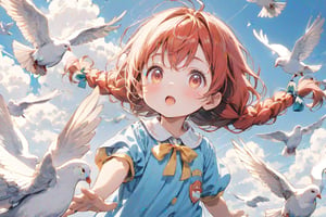 5-year-old cute girl with red hair,
Big eyes, braids on both sides,
Kindergarten uniform, flying,
Surrounded by white doves, white clouds, and strong sunlight
clear sky background