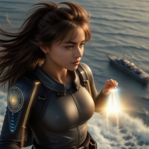 A close-up shot of a fearless young woman, dressed in a sleek jet pack suit, hovers mid-air above the waves, her gaze fixed on the distant naval ship off the coast of Florida. The sun casts a warm glow on her determined face as she soars through the salty air, her arms outstretched and jet pack's thrusters humming softly.