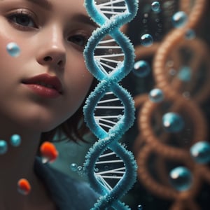1girl, solo, looking at viewer, short hair, brown hair, shirt, white shirt, parted lips, blurry, lips, depth of field, portrait, bubble, underwater, realistic, air bubble. Girl and her DNA.
