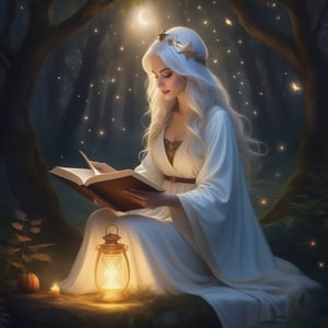 A mystical scene unfolds under the celestial canvas of stars, where a stunning witch, embodying Grandparent Core's essence, sits serenely amidst an enchanted forest. She dons a flowing white robe, illuminated by soft, lunar-like lighting, as she pores over ancient tomes in a worn grimoire. The atmosphere is heavy with magic, the air thick with anticipation, as the trees' whispers weave into the mystique of this whimsical, star-kissed night.