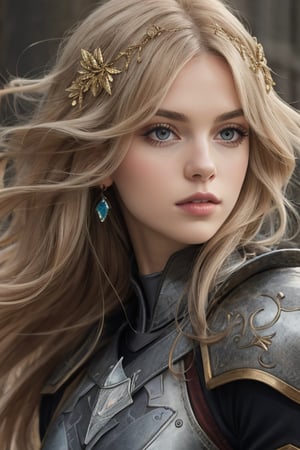 1girl, solo, long hair, blue eyes, blonde hair, hair ornament, upper body, parted lips, armor, lips, looking to the side, grey eyes, realistic