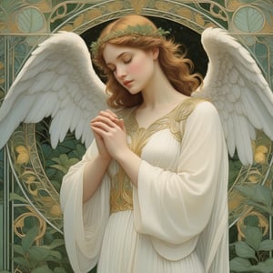 A serene Art Nouveau-inspired illustration depicts an angel standing in a lush, verdant garden, hands clasped together in contemplation. Delicate, flowing lines and intricate details adorn the angel's garments, while the surrounding foliage is rendered in soft, feathery strokes. A warm, golden light illuminates the scene from above, casting no shadows to distract from the angel's peaceful demeanor.