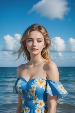 A serene seascape: A radiant young woman stands in the shallow waters, her golden hair flowing like seaweed around her porcelain skin. Brilliant blue sky above, with fluffy white clouds drifting lazily across the horizon. Her gaze meets the lens, a gentle smile playing on her lips as she appears lost in thought. She wears a blue floral dress, off-the-shoulder sleeves, softly blowing in the ocean breeze.