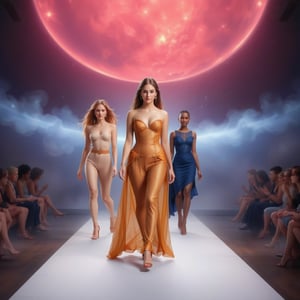 A cosmic catwalk unfurls against the shimmering backdrop of Venus' misty veil. The three contestants, all human females from different planets of our solar system, showcase their talents. Even though they are all humans, however over centuries of living on different planets, they have evolved with slight physical differences, skin coloration, hair, taste in and style in clothing. The event is a showcase of human adaptation to the conditions of different planets of our solar system.