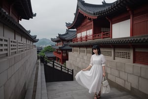 1girl, solo, black hair, dress, standing, outdoors, bag, building, scenery, architecture, east asian architecture