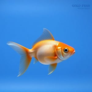 A solo goldfish swims effortlessly in a serene underwater environment, its scales glistening in the soft blue light. The camera captures a full-body shot of the fish, showcasing its simple yet elegant form against the plain blue background. The subject is centered, with a warm smile spreading across its face as it glides through the water.