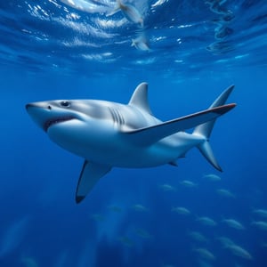 A solo great white shark swims majestically in the depths of a vibrant blue ocean. The water's surface glimmers like polished sapphires as the creature's shimmering scales catch the faint sunlight. A school of iridescent fish dart past, their tiny forms blurred by the water's distortion. The camera frames the Pokémon's powerful tail and outstretched fins, highlighting its dynamic pose as it propels itself through the blue-green darkness.