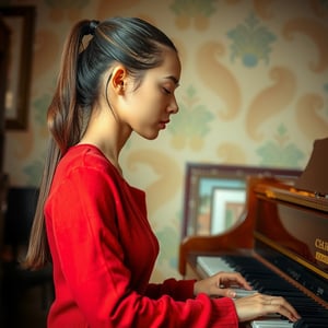 A serene young woman with a sleek ponytail frames her striking profile, situated alone on the edge of a worn piano bench. She wears a vibrant red sweater and long sleeves, her eyes closed in contemplation as she masterfully plays the instrument. Her pursed mouth conveys intense focus, while the warm lighting accentuates her peaceful features, bathed in a gentle glow.