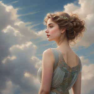 A whimsical Art Nouveau portrait of a youthful woman, her delicate features illuminated by soft, ethereal light. She stands tall, with one hand resting on the shoulder of a stone column, as if embracing the wispy clouds that drift across the dreamy background. Her flowing hair and attire blend seamlessly with the organic curves of the surrounding architecture, creating a sense of harmony between nature and art.