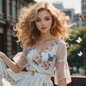 1girl, solo, long hair, looking at viewer, blue eyes, blonde hair, dress, collarbone, flower, outdoors, parted lips, day, white dress, blurry, lips, blurry background, floral print, bug, butterfly, curly hair, realistic, skirt hold