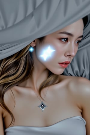 A ravishing 21-year-old woman reclines on a soft light grey backdrop. Her eyes, like two shimmering stars, pierce through the veil of reality, radiating an otherworldly intensity as she gazes directly into the camera, her expression a captivating blend of serenity and mystery.