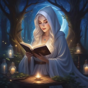 A mystical scene unfolds under the celestial canvas of stars, where a stunning witch, embodying Grandparent Core's essence, sits serenely amidst an enchanted forest. She dons a flowing white robe, illuminated by soft, lunar-like lighting, as she pores over ancient tomes in a worn grimoire. The atmosphere is heavy with magic, the air thick with anticipation, as the trees' whispers weave into the mystique of this whimsical, star-kissed night.