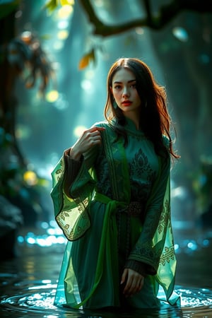 In a dreamy, ethereal light, a ravishing young woman stands within a kaleidoscope mist of emerald greens, sapphire blues, and amber hues. Her intricately embroidered garments, with delicate folds and textures, are illuminated like works of art. The mystical darkness of the forest looms behind her, as she poses enigmatically amidst the gentle lapping of a luminescent river's waters, its misty veil dancing in harmony with the colors swirling around her.