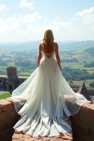 A stunning vision of a lovely lady in a radiant white gown, flowing behind her like a wispy cloud. Standing atop an ancient city's crumbling wall, she gazes wistfully across the rolling hills and distant fields. Her golden locks cascade down her back as she pines for her warrior love, awaiting his triumphant return on his majestic steed.