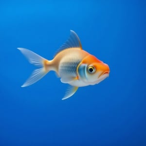 A solo goldfish swims effortlessly in a serene underwater environment, its scales glistening in the soft blue light. The camera captures a full-body shot of the fish, showcasing its simple yet elegant form against the plain blue background. The subject is centered, with a warm smile spreading across its face as it glides through the water.