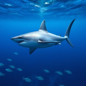 A solo great white shark swims majestically in the depths of a vibrant blue ocean. The water's surface glimmers like polished sapphires as the creature's shimmering scales catch the faint sunlight. A school of iridescent fish dart past, their tiny forms blurred by the water's distortion. The camera frames the Pokémon's powerful tail and outstretched fins, highlighting its dynamic pose as it propels itself through the blue-green darkness.