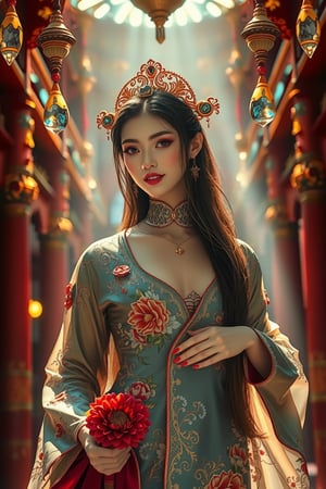 A majestic Chinese princess stands amidst the ornate halls of a grand palace, soft sunlight wrapping her in a warm glow. Embroided silk attire flows like a shimmering aura around her, intricate patterns reflecting the delicate dance of gold and lace. Crystals suspended from the ceiling refract light, casting a kaleidoscope of colors across her face as she radiates ethereal beauty.