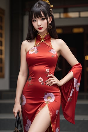 1girl, solo, long hair, breasts, looking at viewer, bangs, black hair, hair ornament, dress, holding, bare shoulders, brown eyes, jewelry, medium breasts, standing, earrings, sleeveless, blurry, black eyes, hand on hip, blurry background, chinese clothes, floral print, red dress, china dress, hand fan, side slit, folding fan, red lips, holding fan, folded fan