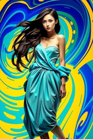 A radiant young woman with piercing green eyes and raven-black hair, posed in a dynamic stance against a vibrant, swirling background of electric blue and sunshine yellow hues. The soft focus on her face highlights the gentle curves of her features as she gazes upward, while the random shapes and colors behind her create a sense of whimsy and wonder.