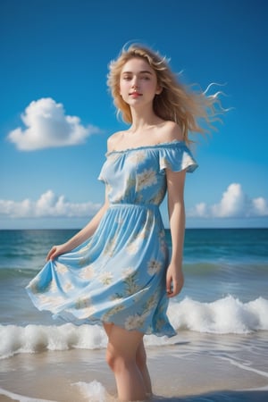 A serene seascape: A radiant young woman stands in the shallow waters, her golden hair flowing like seaweed around her porcelain skin. Brilliant blue sky above, with fluffy white clouds drifting lazily across the horizon. Her gaze meets the lens, a gentle smile playing on her lips as she appears lost in thought. She wears a white floral dress, off-the-shoulder sleeves, softly blowing in the ocean breeze.