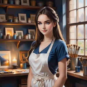A Studio Encounter: A soft-focus, warm-toned oil painting depicts a gentle house maid posed in an artist's studio. She wears a simple, yet elegant blue dress and a crisp white apron, her long hair cascading down her back like a golden waterfall. Her piercing blue eyes, fringed with lush lashes, captivate the viewer's gaze, as if holding them spellbound. The room is dimly lit by a single, high-set window, casting a warm glow on the subject and the various art supplies scattered about. In the background, shelves lined with paints, brushes, and canvases add a sense of artistic depth to the scene.