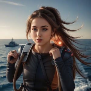 A close-up shot of a fearless young woman, dressed in a sleek jet pack suit, hovers mid-air above the waves, her gaze fixed on the distant naval ship off the coast of Florida. The sun casts a warm glow on her determined face as she soars through the salty air, her arms outstretched and jet pack's thrusters humming softly.