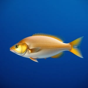 A stunning solo shot of a majestic golden fish swimming against a serene blue background, its sleek body glistening in the soft underwater light. The camera frames the fish's entire form, showcasing its simplicity and elegance as it glides effortlessly through the water.