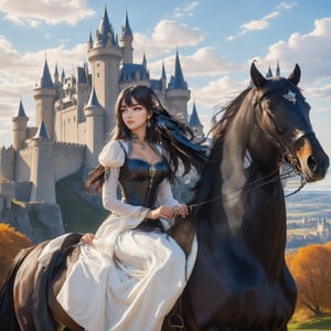 A stunning Art Nouveau-inspired scene: a lovely young woman with raven-black locks sits majestically atop a proud horse, her flowing garments and jewelry glinting in the warm sunlight as she gazes out towards the majestic castle fortress looming in the background, its turrets and towers reaching for the sky.