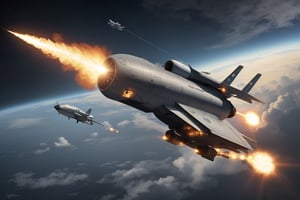 sky, cloud, military, no humans, star \(sky\), flying, science fiction, realistic, aircraft, airplane, space, vehicle focus, planet, spacecraft. Star ship  firing photon torpedos at a hostile