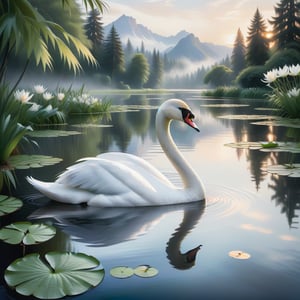 A serene Art Nouveau-inspired scene: A youthful beauty wades gently into the shallow waters of a picturesque pond, surrounded by lush greenery and delicate lily pads. A majestic swan glides effortlessly towards her, its feathers glistening in the soft light. The background features  wispy trees and misty mountains, blending seamlessly with the tranquil atmosphere.