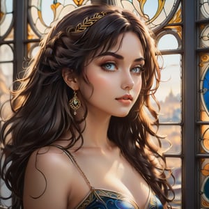 A beautiful young woman, adorned with flowing Art Nouveau-inspired curls and delicate jewelry, gazes wistfully out of a large, ornate window frame, her eyes lost in thought as she takes in the scenery beyond the paned glass, set against a warm, golden light that casts a gentle glow on her serene face, all within a waist-up composition.