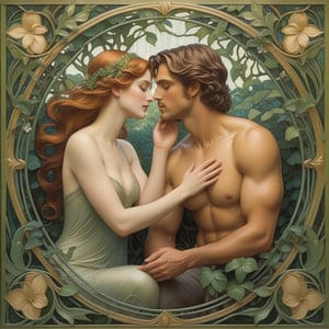 Capture a serene Art Nouveau-inspired scene depicting Eve and Adam in a lush, prelapsarian garden. Soft, golden light filters through the leaves of ancient trees as the couple stands together, hands clasped, surrounded by blooming flowers and vines. The gentle curves of the architecture blend seamlessly with the natural world, creating a harmonious balance between the human figures and their surroundings.