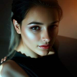 A stunning young woman with flawless skin and luscious curves poses confidently in a dimly lit, abstract backdrop. The warm glow of softbox lighting accentuates her smooth features, while the muted colors of the  background contrast beautifully against her natural beauty.