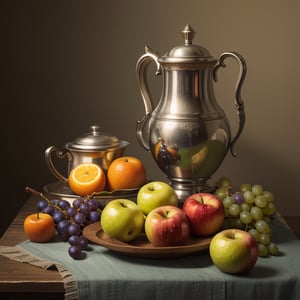 food, cup, no humans, fruit, table, realistic, apple, grapes, orange \(fruit\), food focus, still life