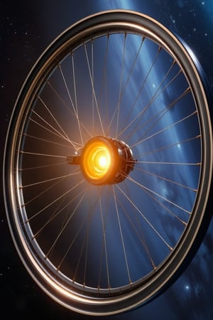 A majestic, futuristic space station takes shape as a colossal bicycle wheel, its hub glowing with warm intensity as the central sunlight concentrator harnessed solar energy to fuel the entire facility. The outer rim, a sleek and modern docking bay, hums with activity as astronauts and spacecraft from Earth arrive and depart, while the curved, gleaming surface of the wheel's circumference reflects the starry expanse, a symbol of innovation and exploration.