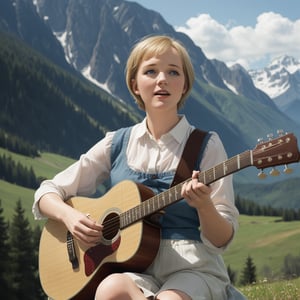 1girl, solo, short hair, blue eyes, blonde hair, sitting, outdoors, day, blurry, parody, instrument, mountain, realistic, music, guitar, playing instrument, acoustic guitar. Julie Andrews, the sound of Music.