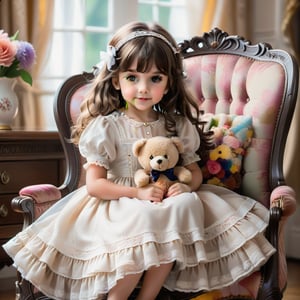 In a soft, golden-lit parlor with plush armchairs and antique furnishings, a sweet-faced little girl, dressed in a flowing lace dress and curly hair bows, sits amidst a whirlwind of colorful fabrics and toys. Her arms cradle her beloved porcelain teddy bear, surrounded by a tumble of ruffled skirts and delicate lace trim, as if the very essence of childhood innocence is unfolding before us.
