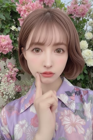 1 girl, solo, detailed eyes, blink and youll miss it detail, silk shirt, outdoors, flower garden, high quality, floral background, very detailed,wonder beauty ,Enhance,JeeSoo ,Young beauty spirit 