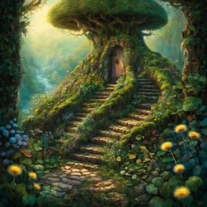 best quality, abandoned garden, ivy, moss, dandelion flowers, glittering, close up detailed perfect, detailed scales, otherworldly, Craola, Dan Mumford, Andy Kehoe, Luis Royo. 2d, flat, cute, adorable, fairytale, storybook detailed illustration, cinematic, ultra highly detailed, tiny details, beautiful details, mystical, luminism, vibrant colors