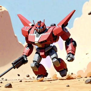 A red mech warrior transformer charges through the chaos of a battlefield in the desert,